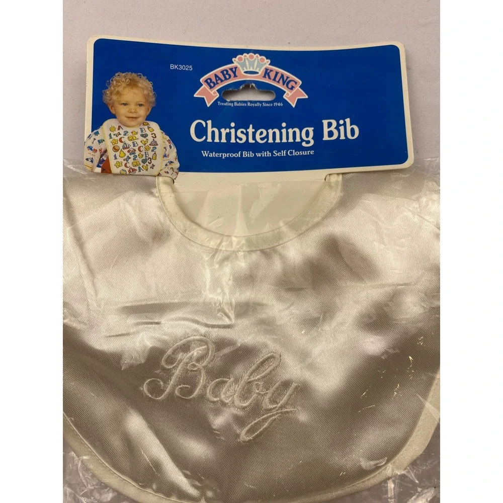 Baby King Christening Bib White Satin Waterproof Embroidered Baptism BK3025